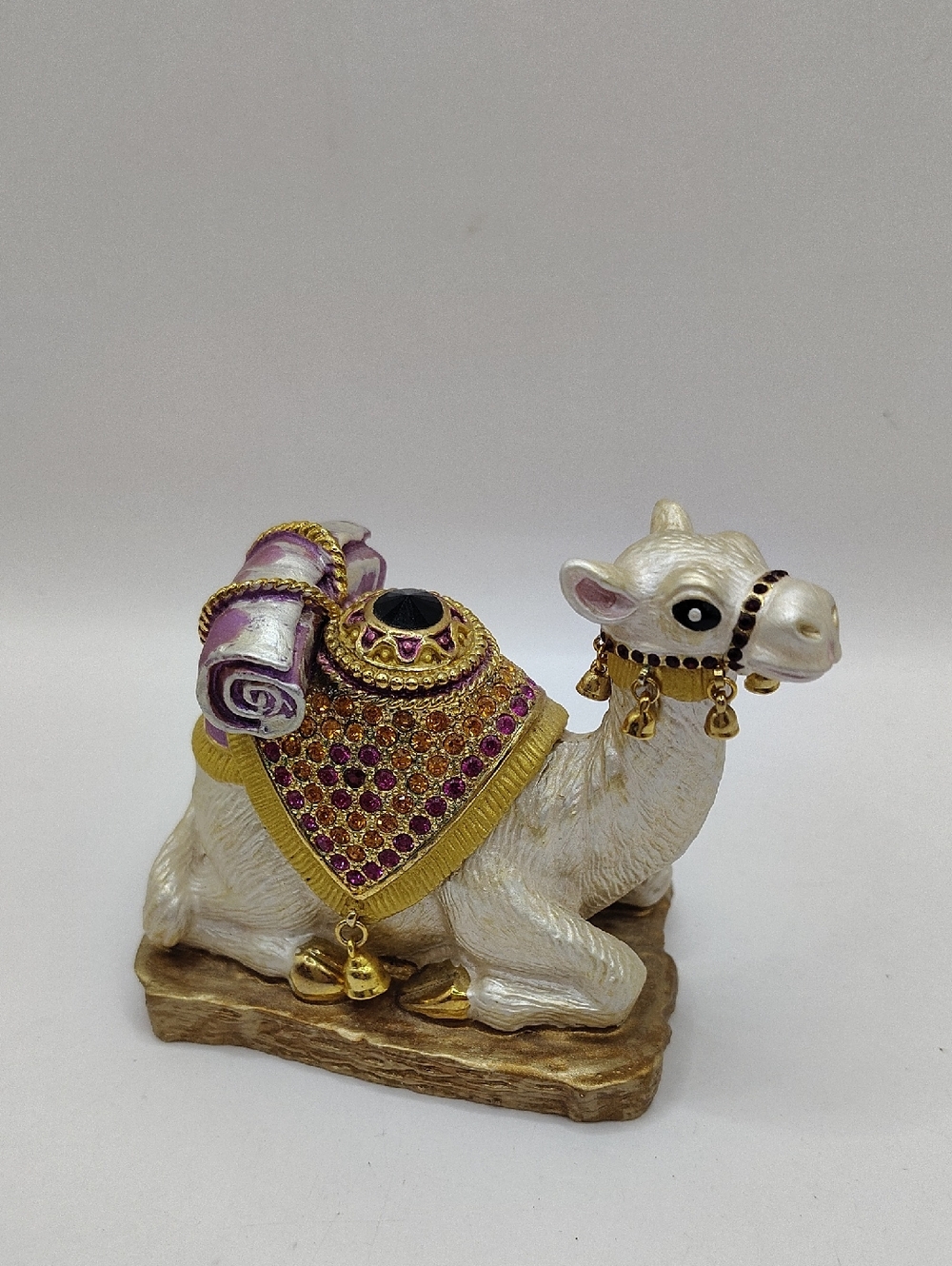 Bejeweled White Camel Trinket Box Faberge Figurine with Colored Crystals